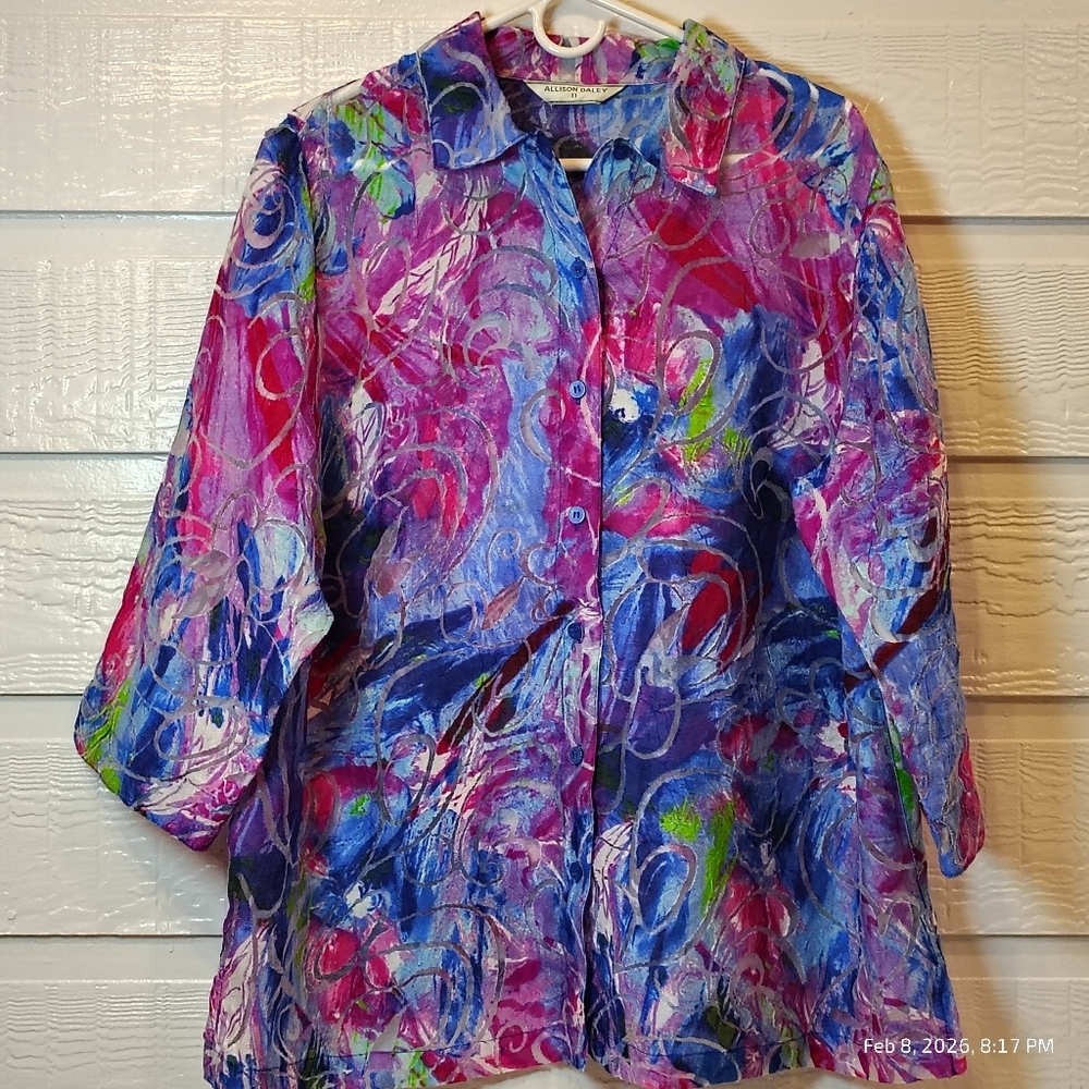 Allison Daley Womens 3X Multicolor Artsy Sheer Button Up Abstract Blouse